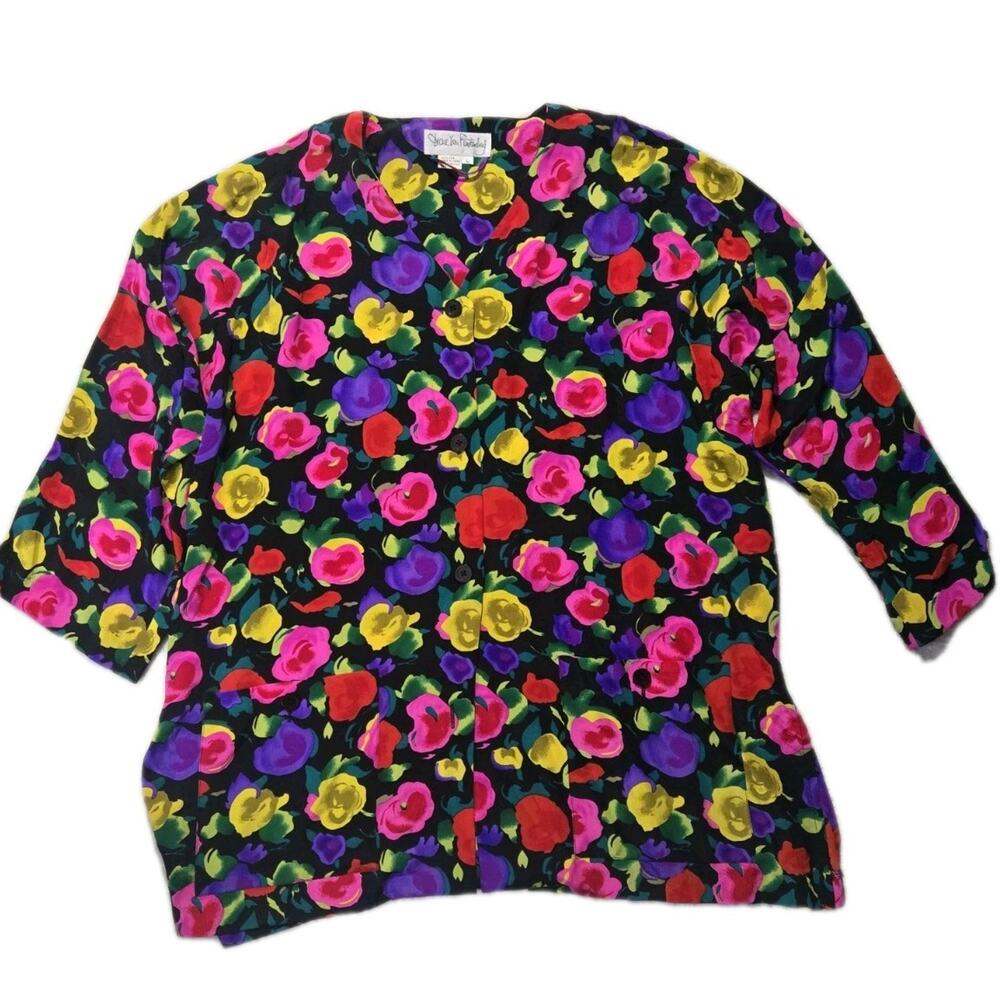VIntage Diane Von Furstenberg 100% Silk Blouse Bright Floral Size L